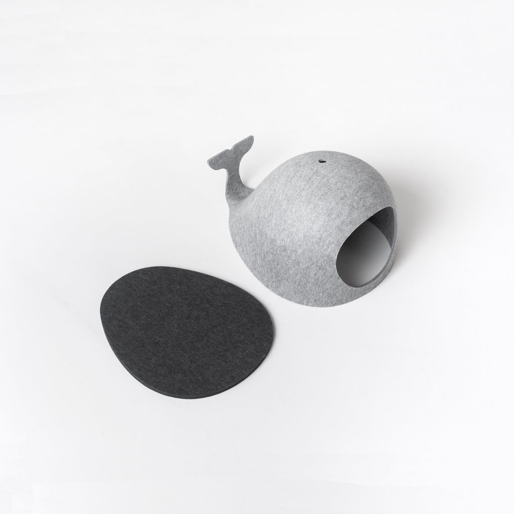 Sustainable whale pet house and bed base in grey. Base and house side by side.