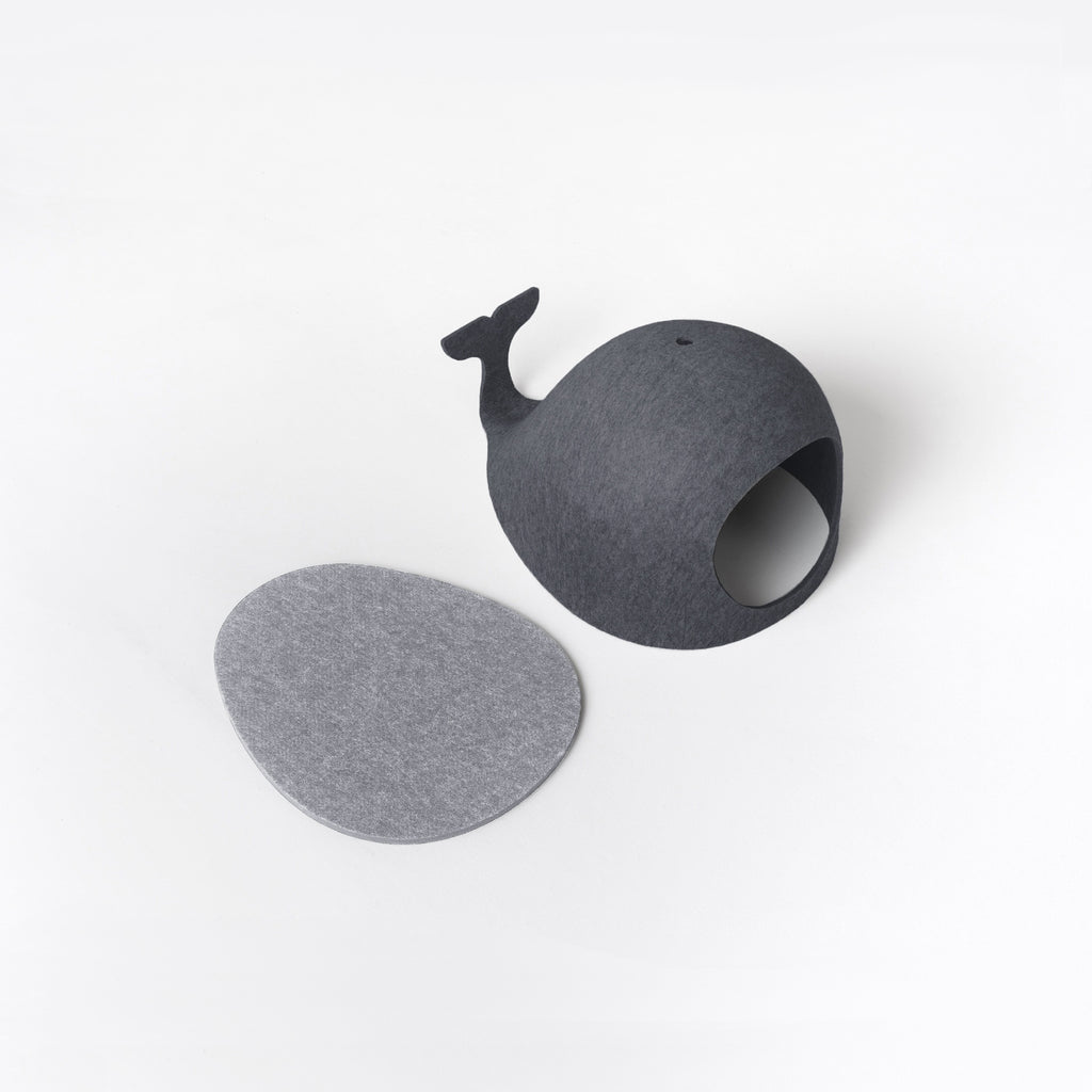 Sustainable whale pet house and bed in Black. Base and house side by side.